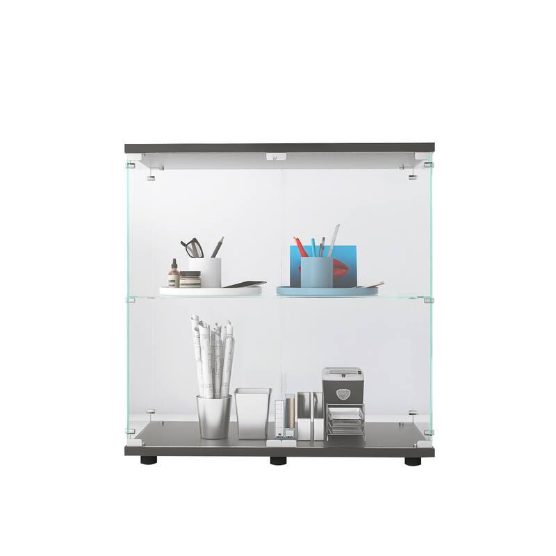 One-Door Glass Display Cabinet with 3 Shelves, Floor Standing Curio Bookshelf with Tempered Glass for Living Room Bedroom Office