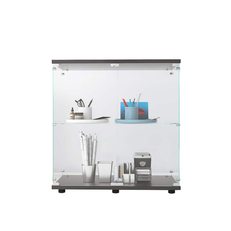 Two-door Glass Display Cabinet 2 Shelves with Door, Floor Standing Curio Bookshelf
