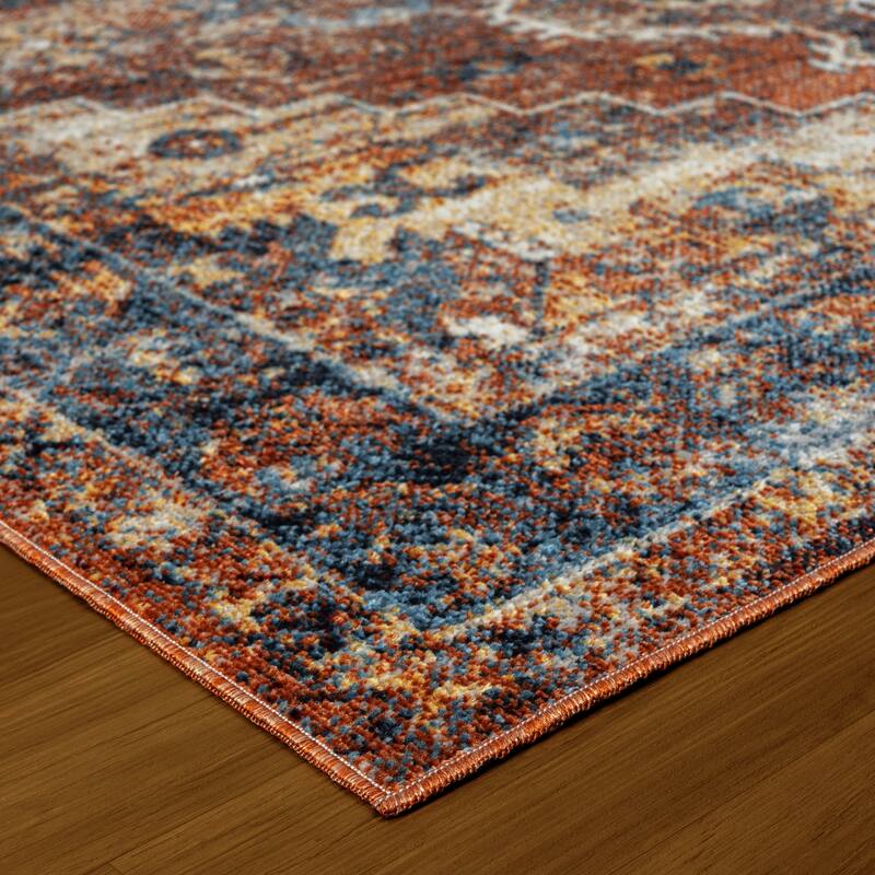Sevita Distressed Bordered Blue Orange Medallion Machine-Washable Rug
