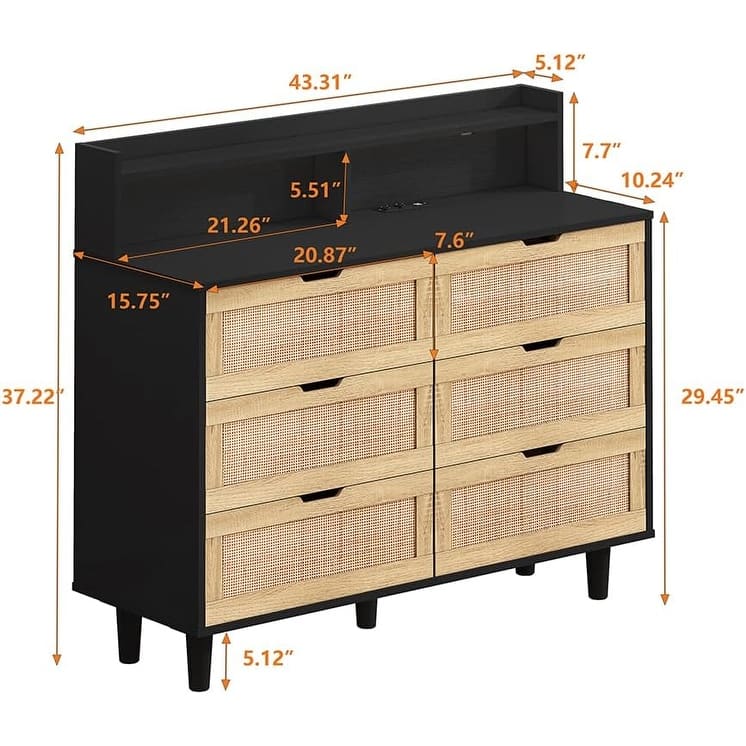 6 Drawer Dresser, Rattan Wood Chest of Drawers , Storage Cabinet Sideboard Console Table