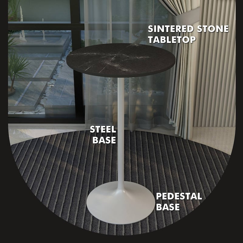 LeisureMod Verve 27" Bar Dining Table with Sintered Stone Round Top in White Steel, White Marbleized