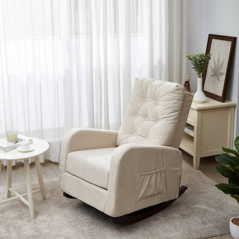Beige Adjustable Recliner for Balcony or Tatami, with High Back Design, Solid Wood Legs, and Side Storage Pockets