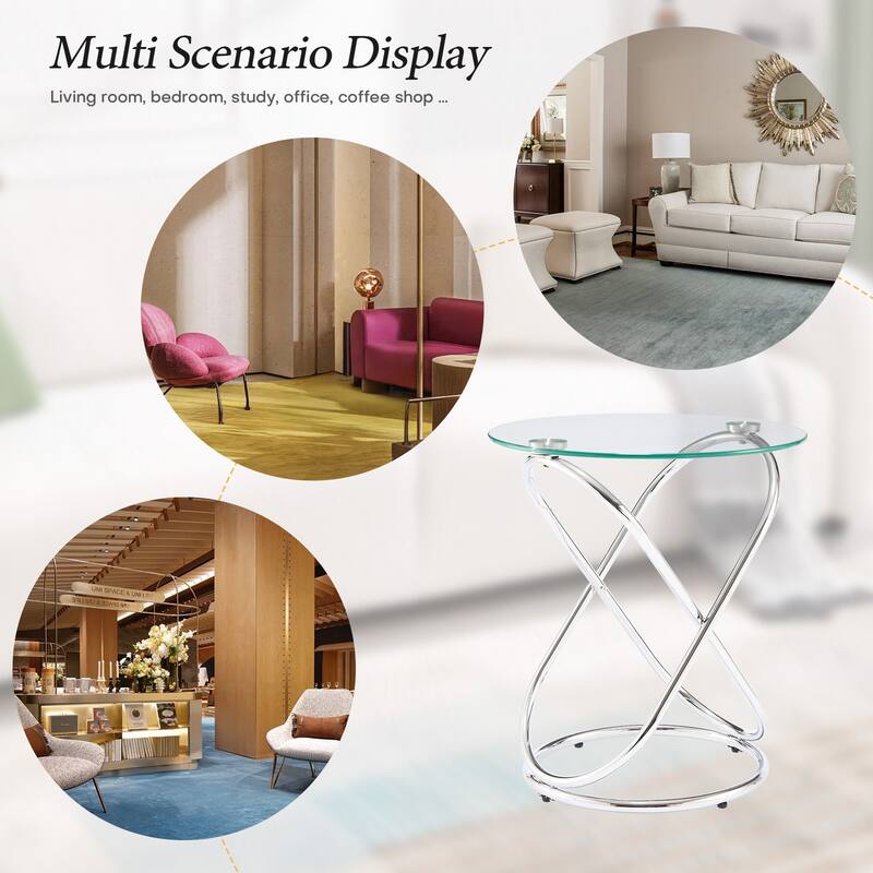 Tempered Glass Round Side/End Table with Metal Legs - 19.7"Dia Top x 21.7"H x 15.6"Dia Base