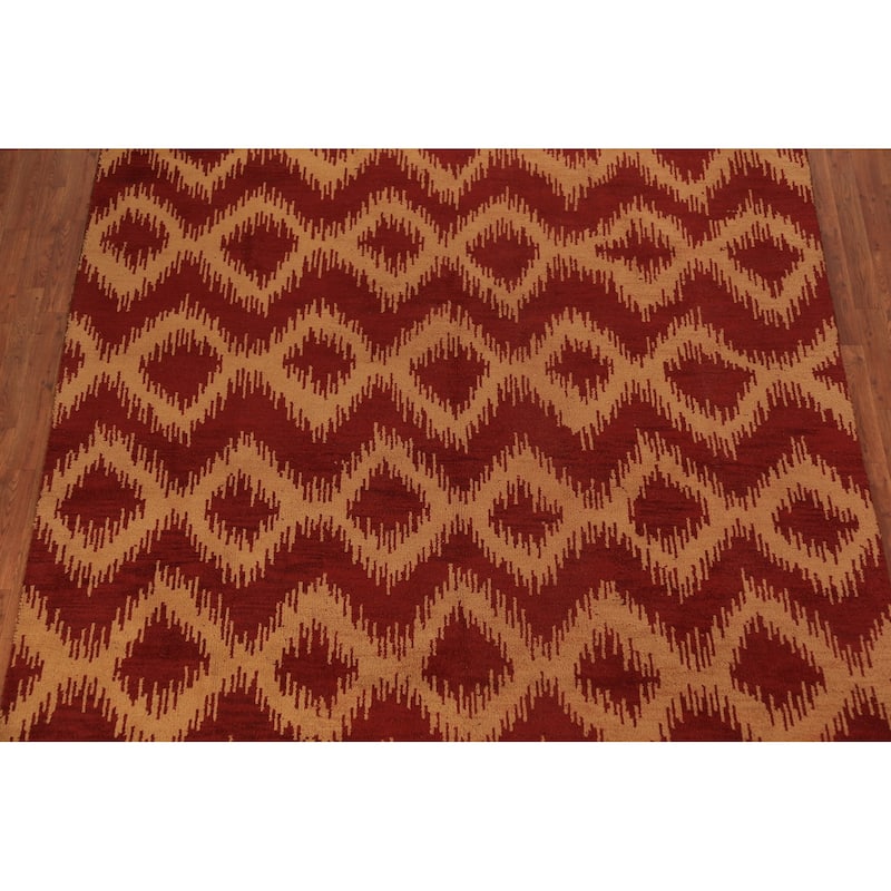 Hand Knotted Oriental 100% Wool Carpet Modern Geometric Red Moroccan Area Rug - 9' 7'' X 7' 11''