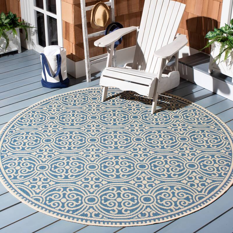 SAFAVIEH Beach House Guilene Indoor/ Outdoor Waterproof Patio Backyard Rug - 6'7" Round - Cream/Blue