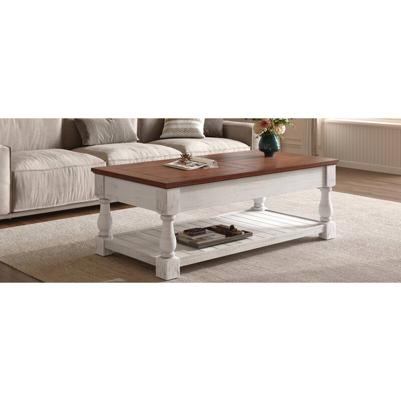 Roomfitters 41" Farmhouse Lift Top Coffee Table, Wood Center Table with 3 Storage Trays and Lower Shelf