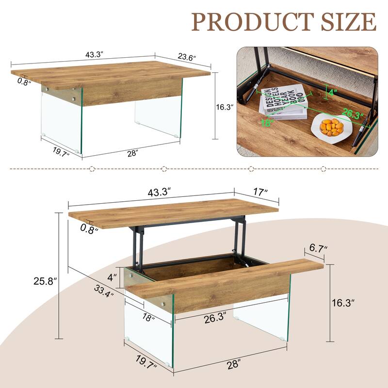 Anmytek Lift Top Coffee Table with Storage Wood Texture Modern Convertible Desk for Small Space Living Room