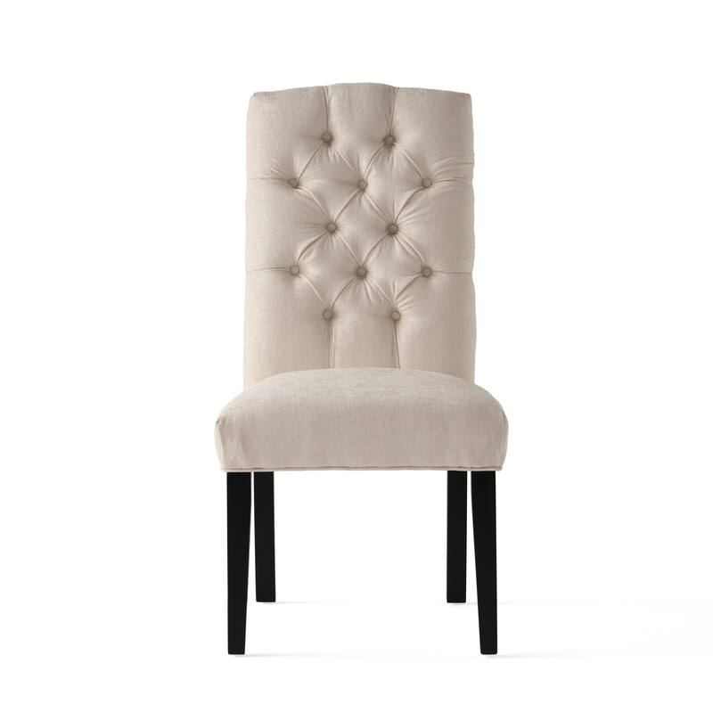 Upholstered Dining Chairs 2 Pack, Tufted Seat Back Padded Seating, Crown-shaped Top Ivory Fabric Dining Chairs for Kitchen