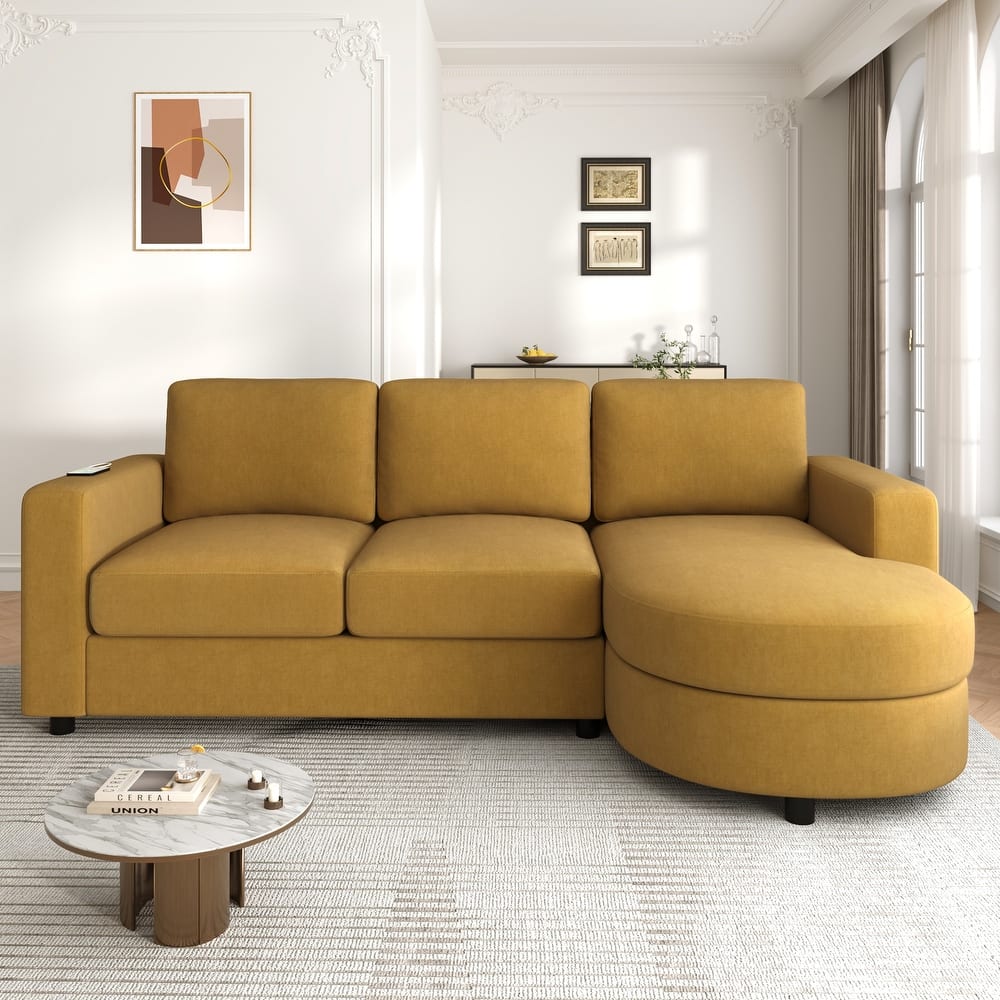 Modern L-Shaped Sofa with Curved Chaise, USB Charging Ports & Storage Pockets for Small Space