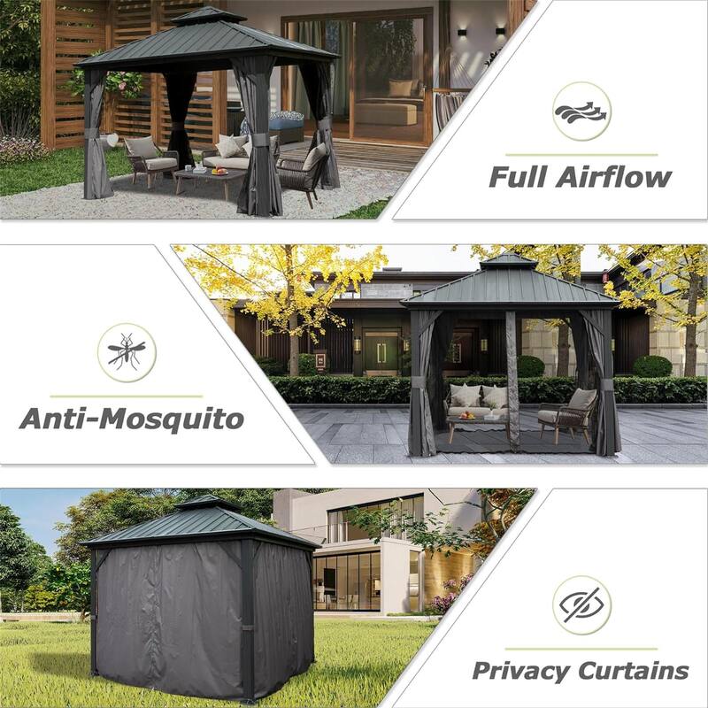 10x10 Hardtop Aluminum Gazebo with Double Roof, Curtains, and Netting for Patio, Backyard, Deck, Lawn