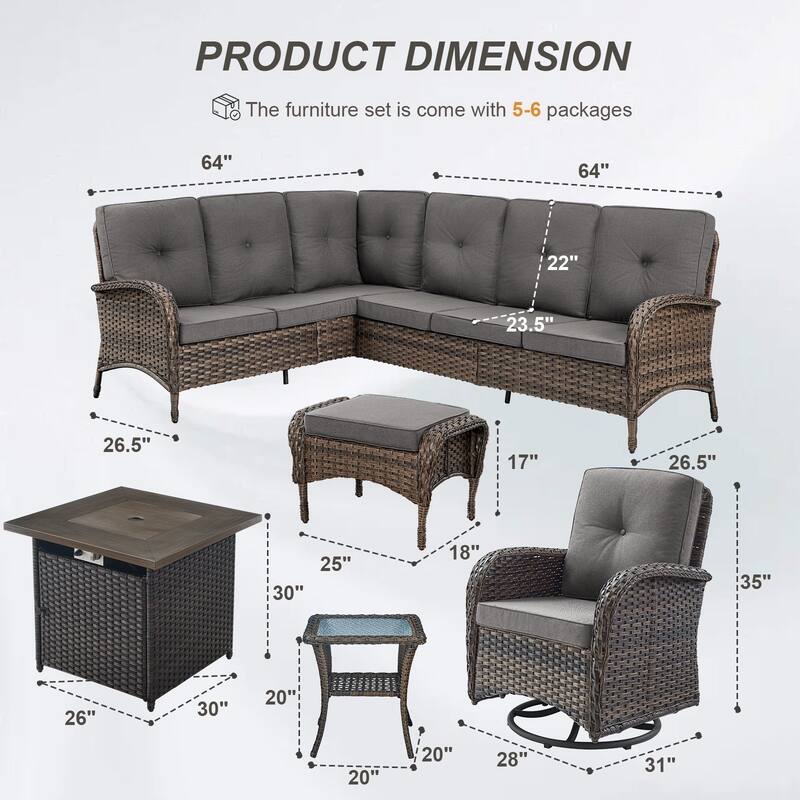 Gymojoy L-Shaped Outdoor Sectional Sofa Set with Fire Pit, Swivel Chairs & Ottomans