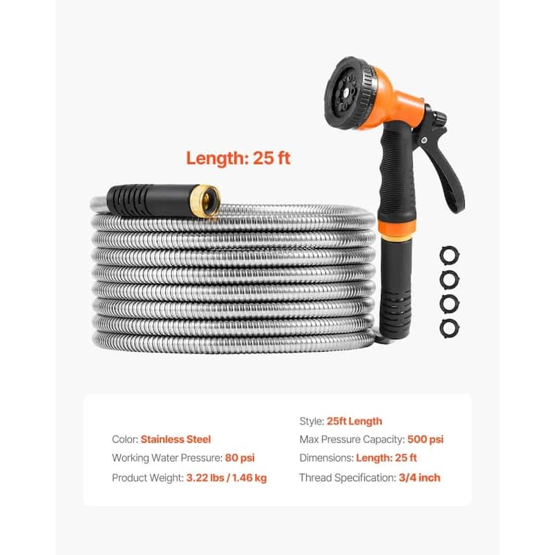 25ft Stainless Steel Hose for Garden and Car Wash Heavy-Duty Metal Hose with Adjustable Nozzle
