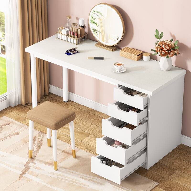 Modern Vanity Desk with 5 Reversible Drawers, Multiple Storage Makeup Desk, Christmas Gift for Home Use - White