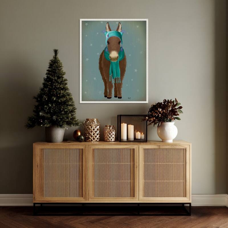 Donkey Blue Hat and Scarf by Fab Funky (23 x 28 in.), Framed Canvas Wall Art Print - Sylvie Beaded White