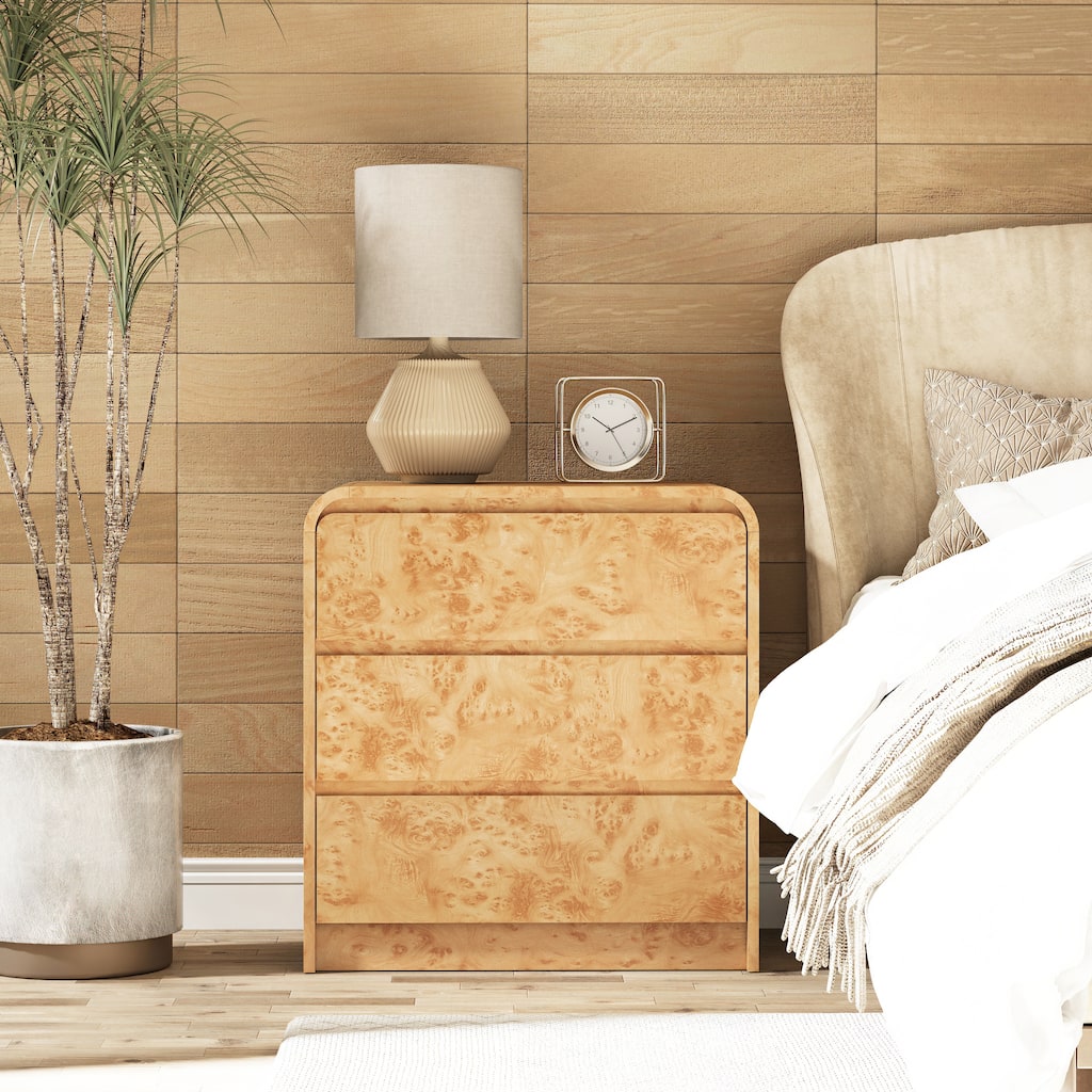 COZAYH Farmhouse Wood Nightstand, Rounded Edge Modern & Mid-Century Dresser, Burl Wood Finish in Natural