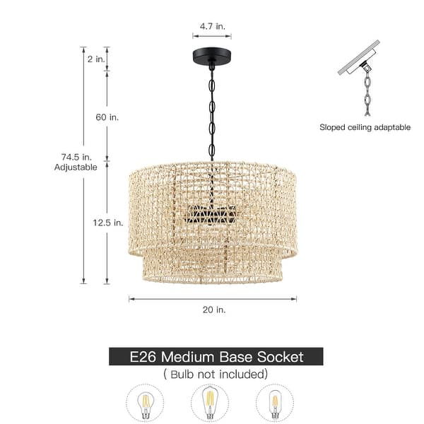 dimension image slide 1 of 2, 20 in. 4-Light Rattan Tiered Drum Chandelier Light with Black Canopy - 4-Light 20" W