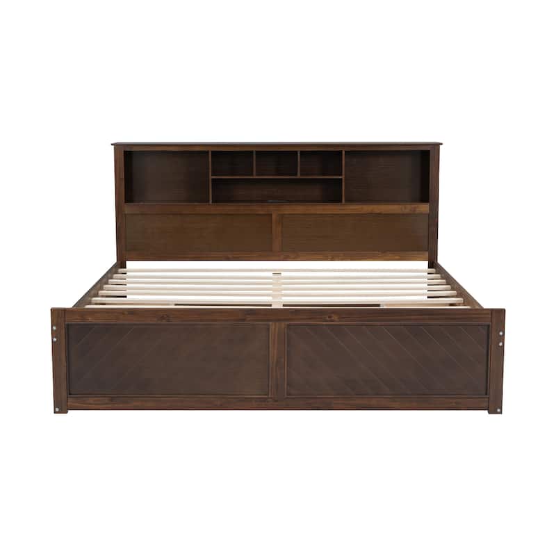 King Size Wood Platform Bed with Multi-Storage Headboard USB Charging and Drawers - Wood - King