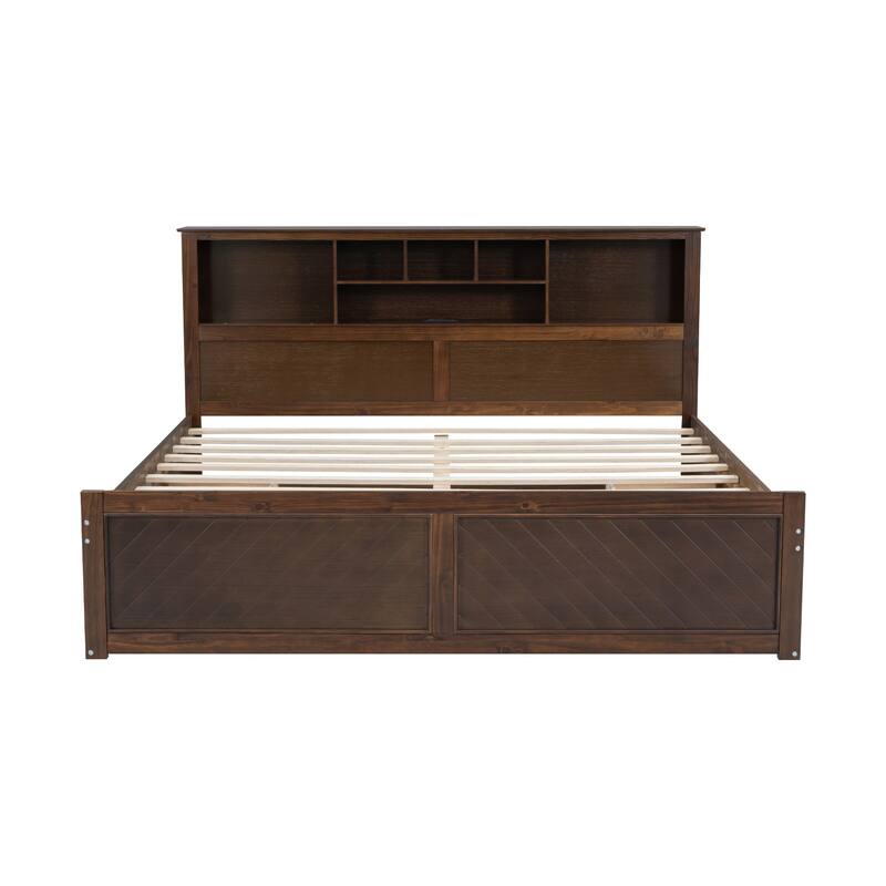King Size Wood Platform Bed with Storage Headboard, USB Ports, and Drawers in Antique Wood Finish
