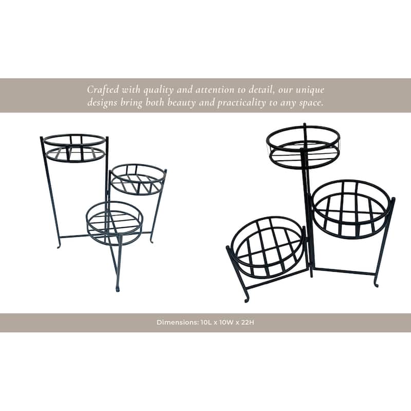 Metal Plant Stand 3-Tier Round Grid Design Powder-Coated - 22" Black - 10" x 10" x 22"