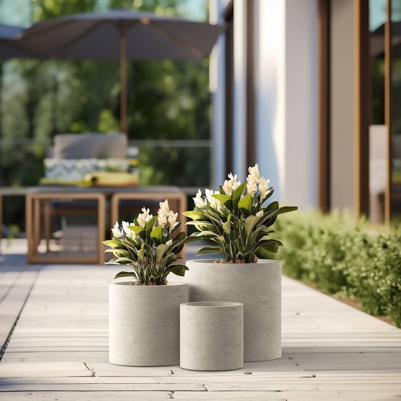 Tall Concrete Round Plant Pots / Large Indoor and Outdoor flower Planters - 3 Piece Set (10, 13, 16 Inch Diameter) - Light Gray