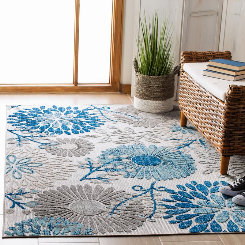SAFAVIEH Cabana Lilah Indoor/ Outdoor Waterproof Patio Floral Rug - 5'3" Square - Grey/Blue