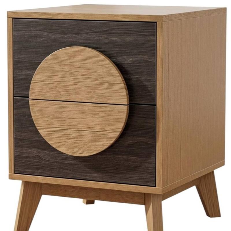 HomeRoots Set of Two 21" Oak And Dark Brown Solid Wood Square Two Drawer Nightstands