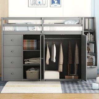 Full Size Loft Bed Maximize Space Storage Bed Grey Wood Loft Bed Frame with Wardrobes & Cabinet, Storage Stairs & 4 Drawers