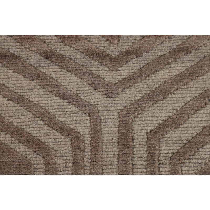 Geometric Modern Oriental Area Rug Handmade Beige Wool Carpet - 9'0" x 11'8"