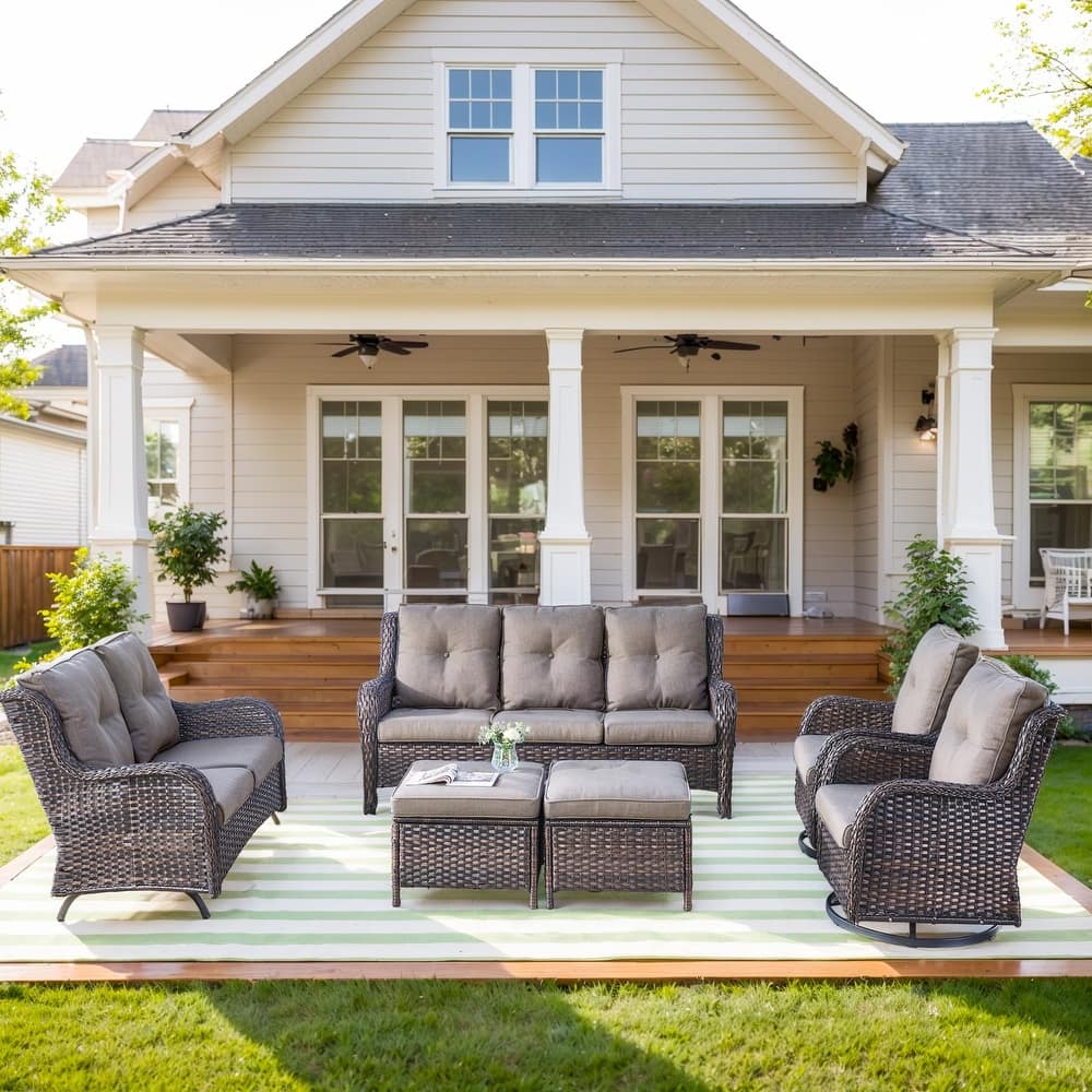 Outdoor Sofa with 2 Swivel Chair and Glider Sofa - Grey cushion - Brown