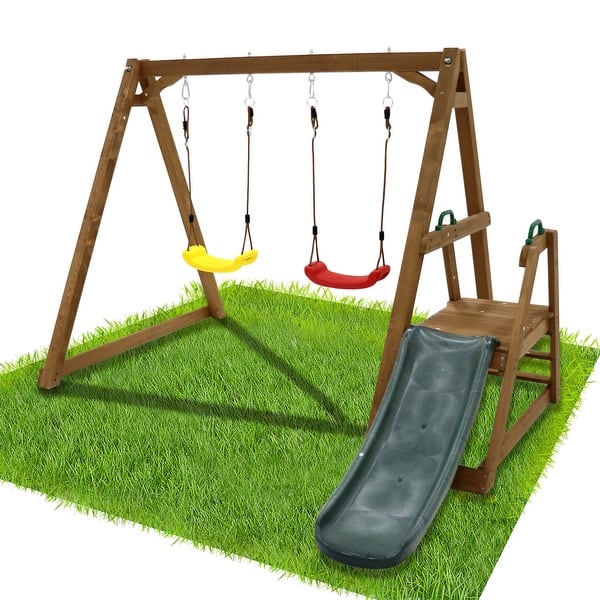 slide 2 of 7, Wood Swing Set for Backyard, 2 in 1 Outdoor Swing Set with Slide, Climbing Rope Ladder Kids Backyard Playset