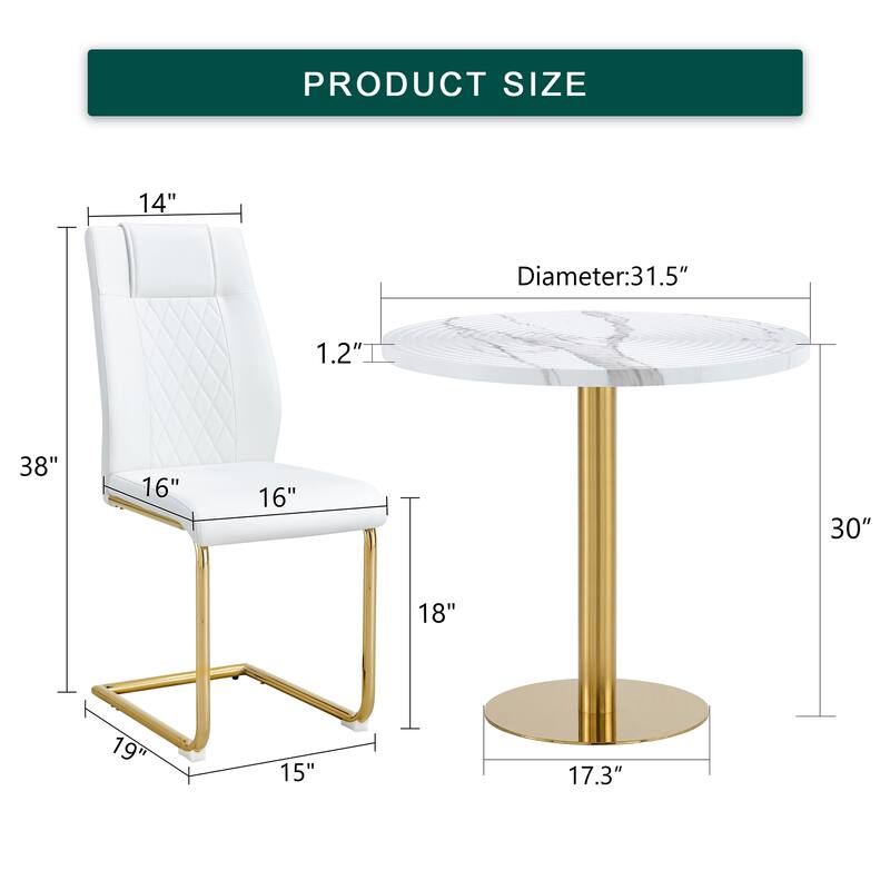 Roomfitters 5pcs Round White Marble Dining Table Set with PU Chairs and Golden Metal Arched Legs, White