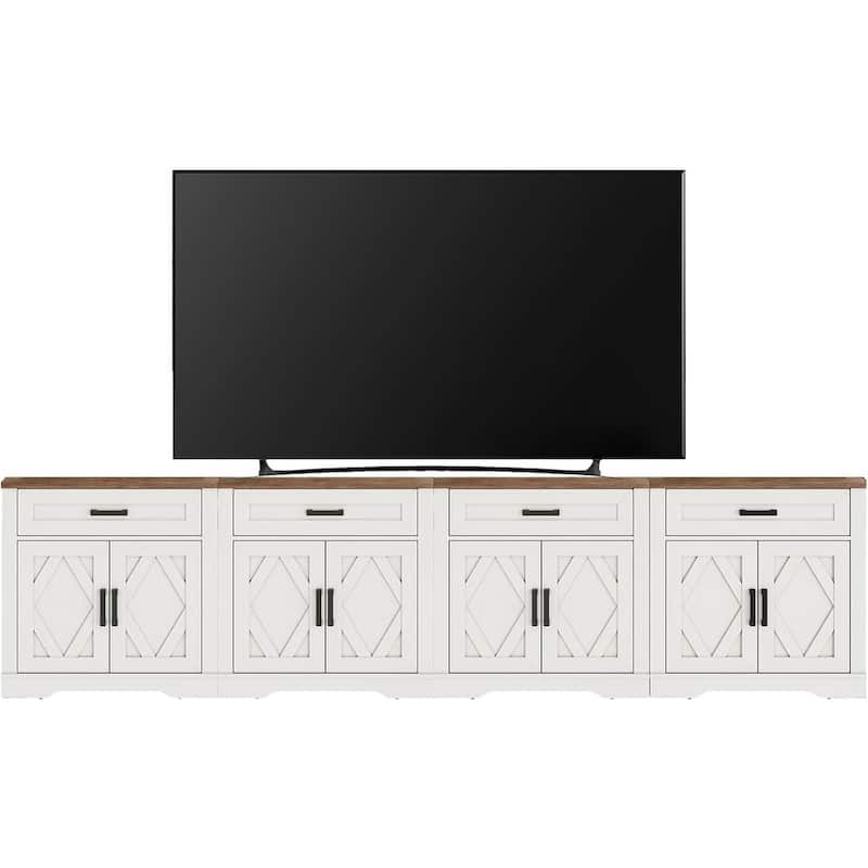 Farmhouse Entertainment Center with Storage Barn Door Cabinet for 50"-130" TVs - 126 inches in width - Antique White