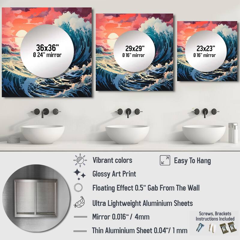Designart "Dramatic Ocean Waves II" Modern Wall Mirror - Coastal Large Square Printed Mirror For Hallway