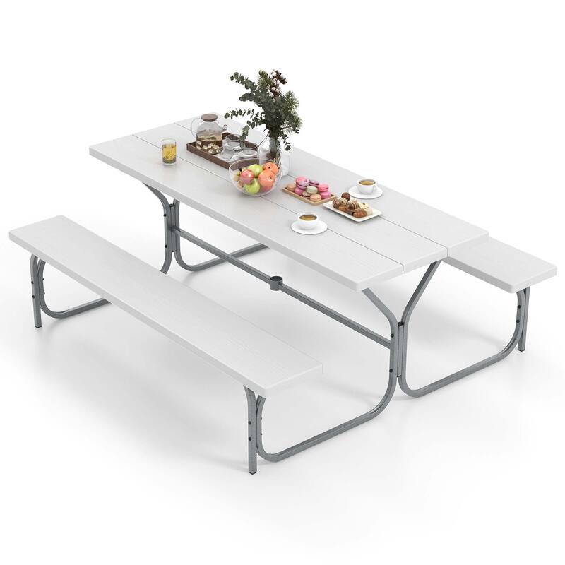6FT Picnic Tables 8 Person Outdoor Table & Benches Set w/Umbrella Hole - White