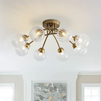 8-Light Modern Pleated Glass Globe Semi-flush Mount - 27.0in