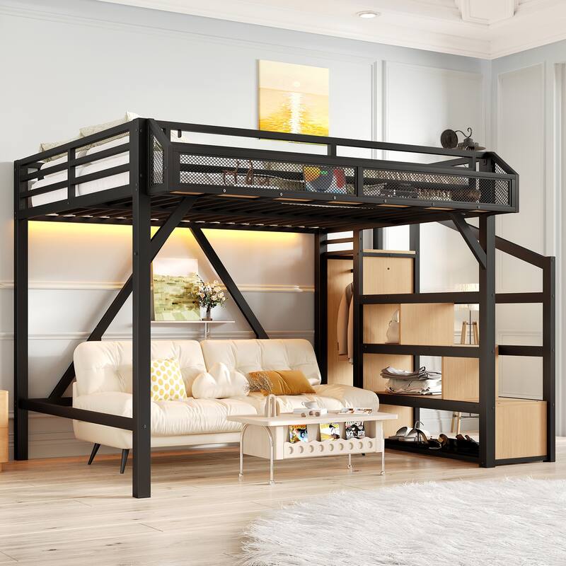 Noise-reduced Design Metal Loft Bed Frame with Storage Stairs, Shelves, Built-in Wardrobe, Light Strip and Charging Station