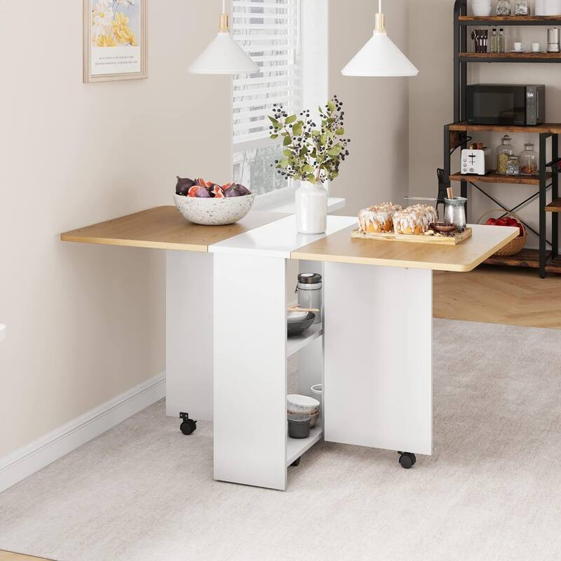 Folding Dining Table, Space Saving Farmhouse Dining Table for 4 Storage Shelf, 6 Wheels Multipose Expandable Kitchen