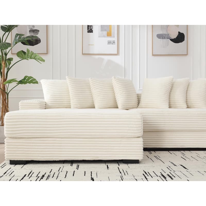 111" Corduroy Upholstered L-Shaped Sectional Sofa with Oversized Chaise Longue and 8 Throw Pillows