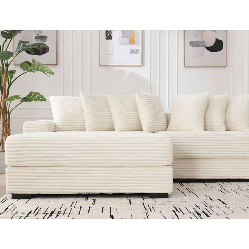 Oversized Corner Couch L-Shaped Corduroy Sofa Set with Left Chaise Daybed, Armrests, and Eight Throw Pillows