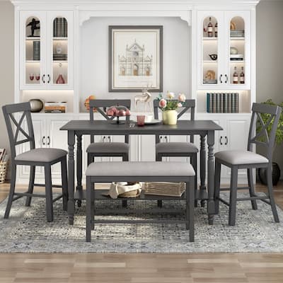 6-Pieces Counter Height Dining Table Set Table with Shelf 4 Chairs and Bench