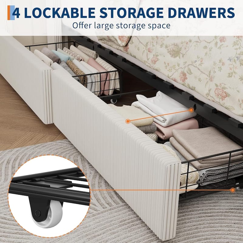 Bed Frame, with 4 Storage Drawer and Headboard