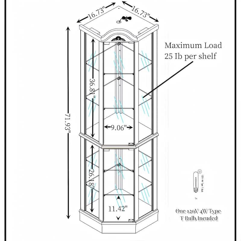 Lighted Display Curio Cabinet, Corner Wooden China Cabinet, Wine Bar Cabinet with Tempered Glass Door & Adjustable Shelves