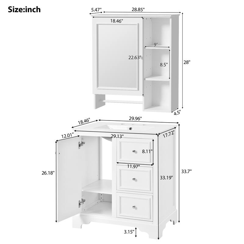 30-inch bathroom vanity with sink,with 3 drawers,adjustable shelves,freestanding vanity set with mirror cabinet,single sink