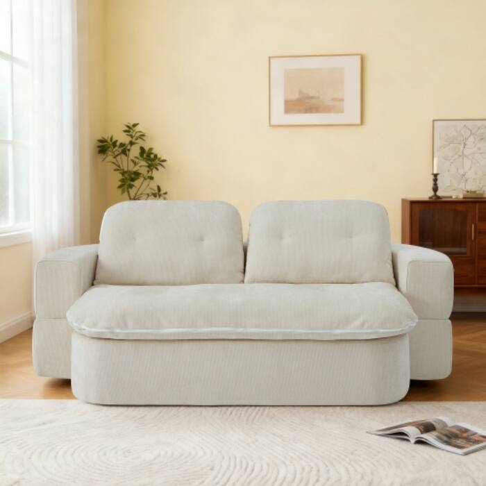 Modern Convertible Floor Sofa Bed with Corduroy Cushion, 2 Pillows & No Assembly - Cream + Chenille