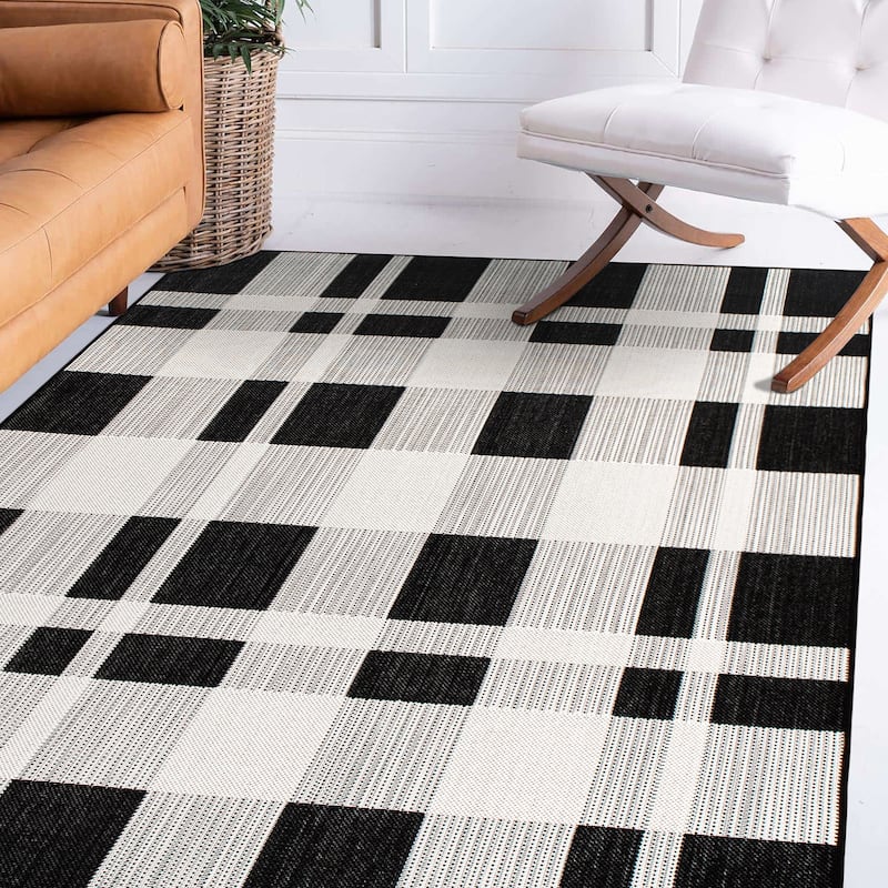 Contemporary Plaid Indoor/Outdoor Flatweave Waterproof Backyard Patio Area Rug