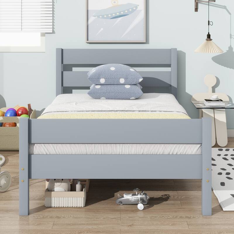 Roomfitters Twin Rubber Wood Bed Frame with Headboard and Footboard, Platform Support Design, No Box Spring Needed, Grey