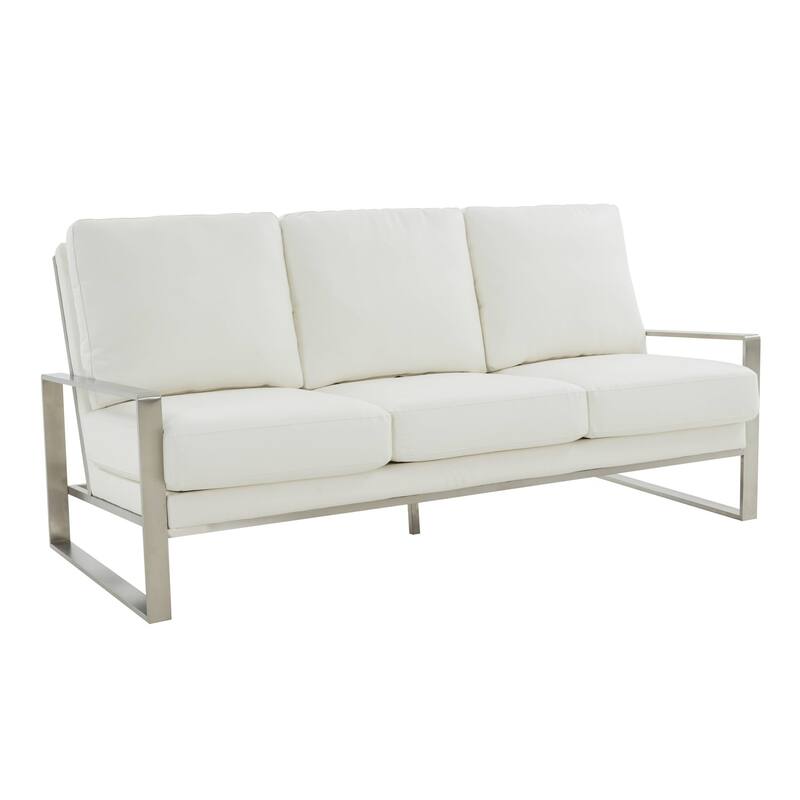 Leisuremod Jefferson Modern Design Faux Leather Sofa With Silver Frame - 77.1 - White