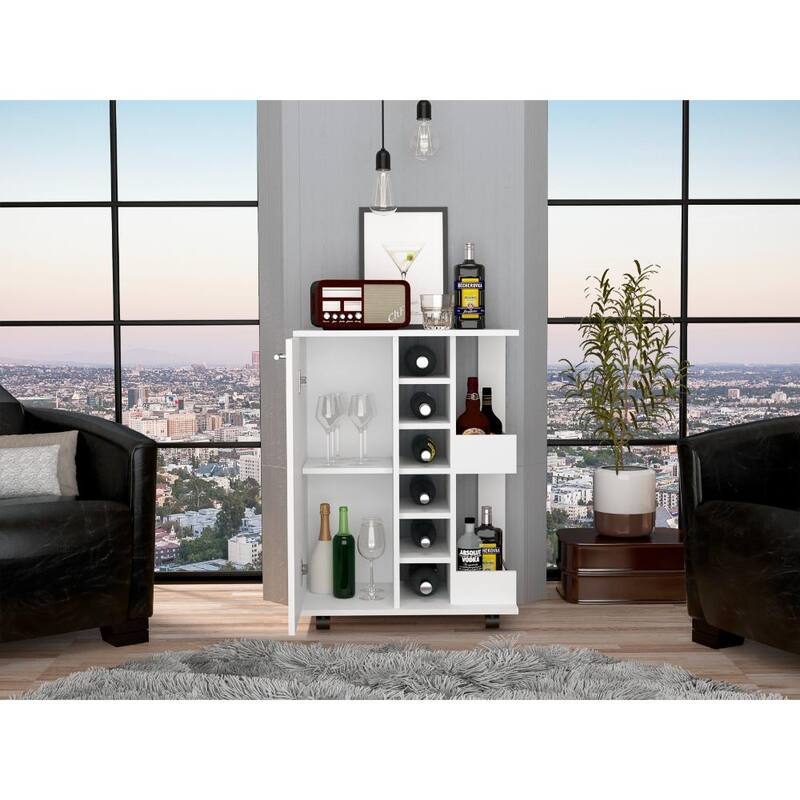 TUHOME Bar Cart, Two External Shelves, Four Casters, Six Built-in Wine Rack and Single Door Cabinet - 23" W x14"D x 32"H