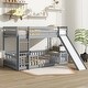 preview thumbnail 14 of 31, Twin Over Twin Low Pine Wood Bunk Bed with Guardrails, Slide and Ladder for Kids, No Slats Toddler Floor Bed with Fence and Door
