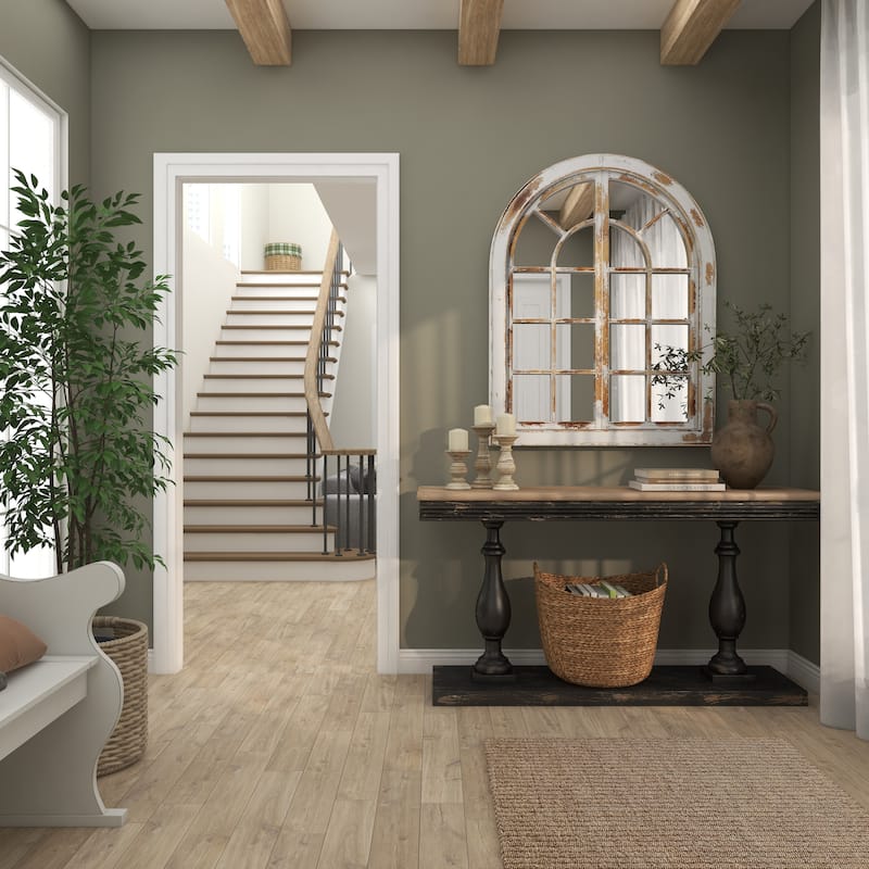 Wood Window Pane Inspired Wall Mirror with Arched Top and Distressing - Gray or White - Roche River Decor